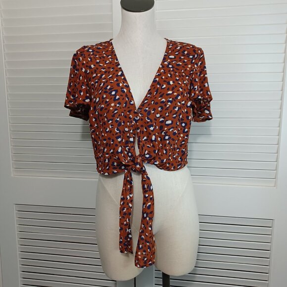 Beecool Tie Front Top Animal Print Cropped Womens Large - Picture 2 of 12